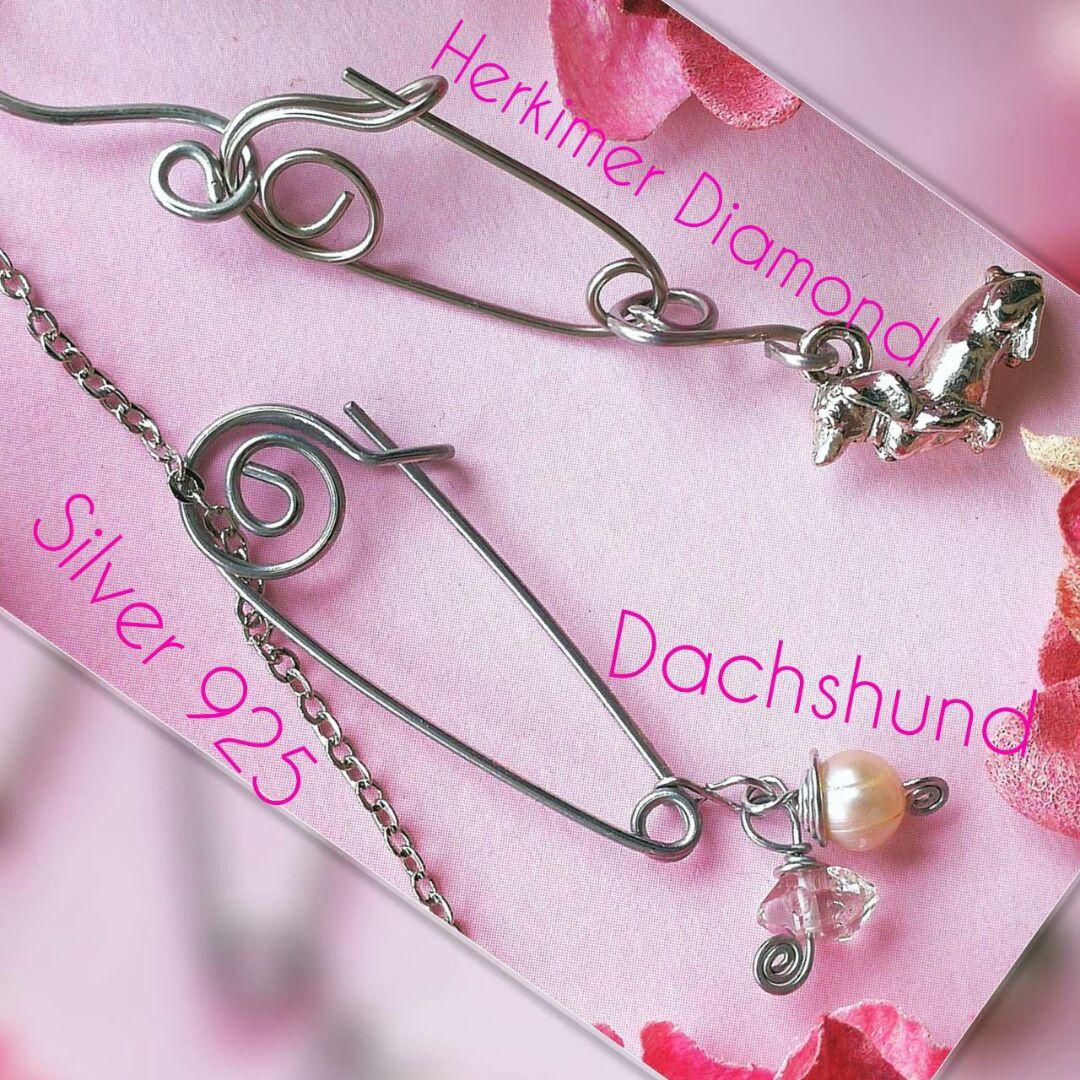 新品シルバー925 ダックスフンド ハーキマーダイヤモンドピアス ネックレス