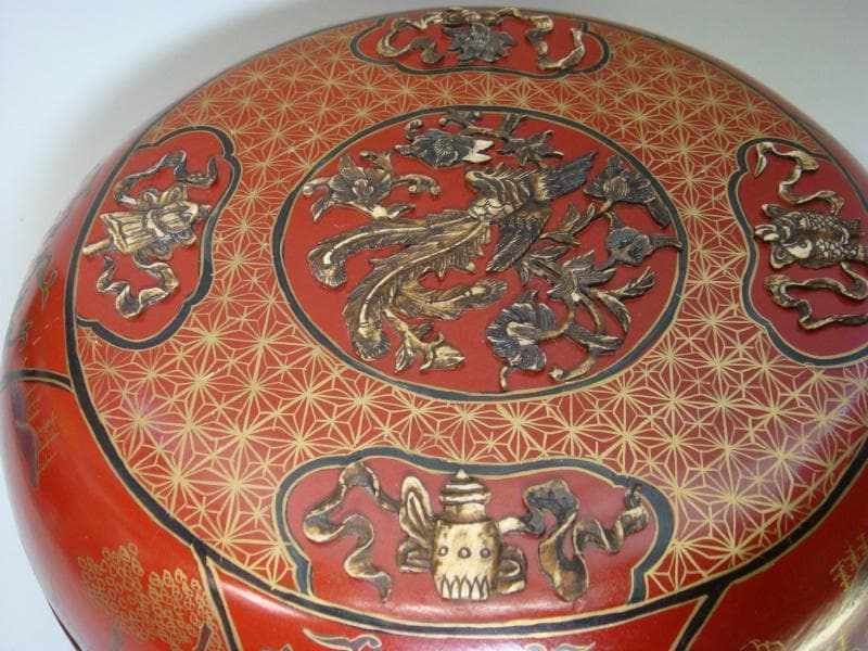 食籠■朱塗り漆器 古い蓋物 象嵌 菓子鉢 鳳凰 花唐草 魚 時代物 骨董品■