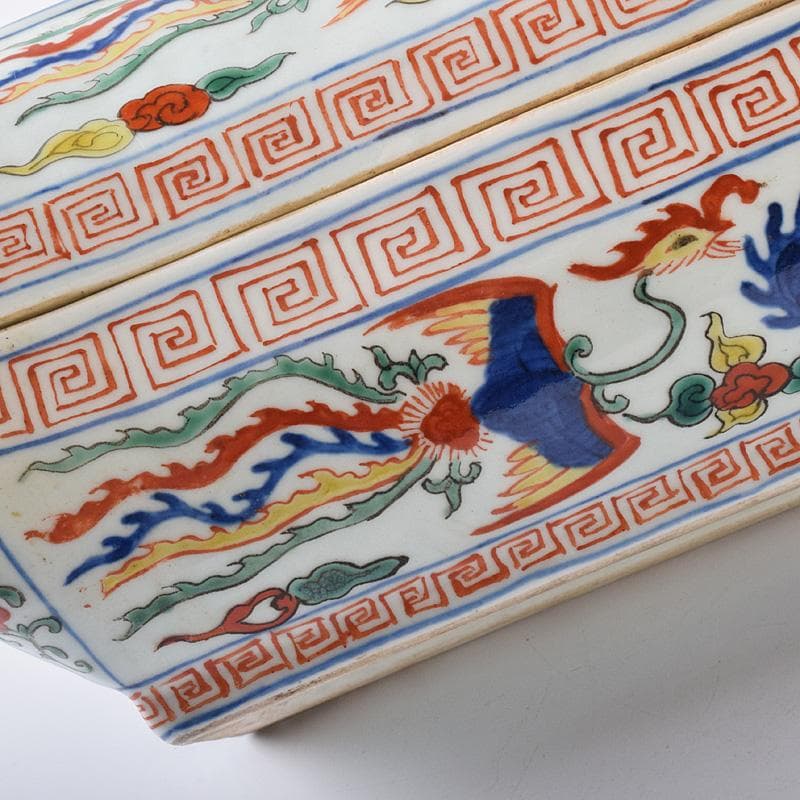 中国　大明萬歴年製款　五彩　龍鳳凰文　四方蓋物　M　R8254