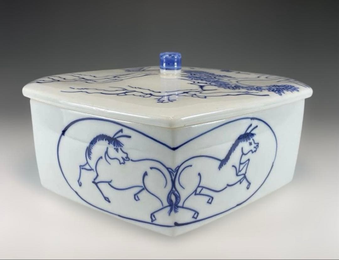 【茶道具】手塚祥堂造　染付菱馬食籠　堀内宗完書付（共箱）