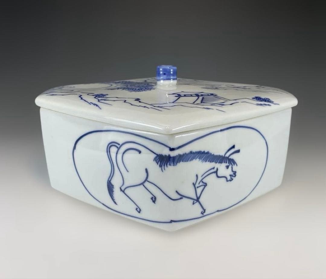 【茶道具】手塚祥堂造　染付菱馬食籠　堀内宗完書付（共箱）