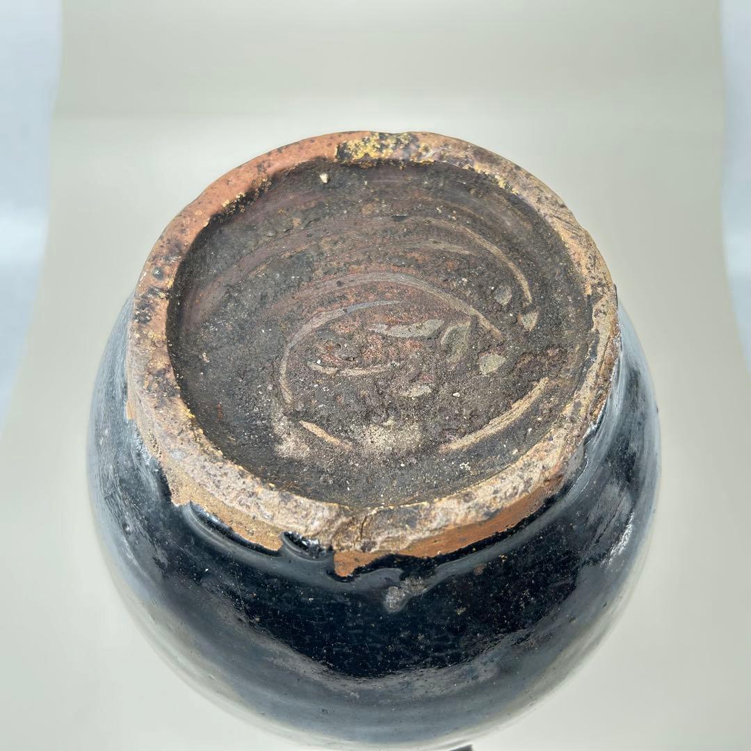 李朝初期 黒高麗壷 黒釉 李朝 壷 伝世品焼物 骨董 古玩 朝鮮 四耳瓶