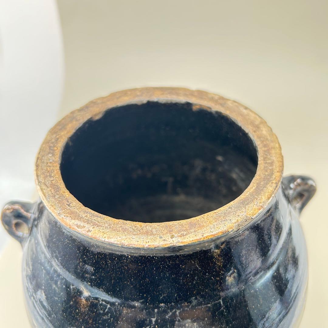 李朝初期 黒高麗壷 黒釉 李朝 壷 伝世品焼物 骨董 古玩 朝鮮 四耳瓶