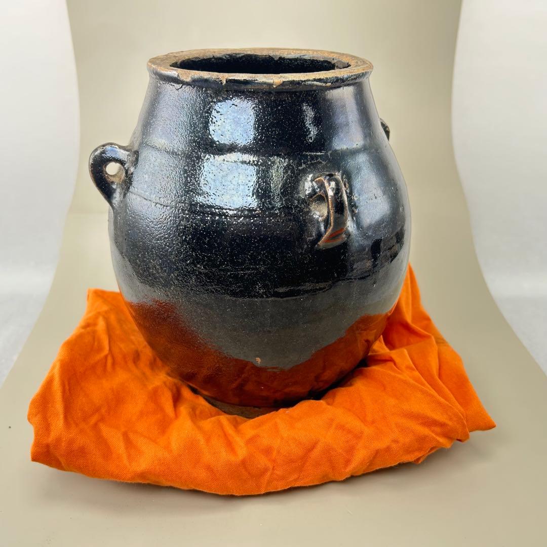 李朝初期 黒高麗壷 黒釉 李朝 壷 伝世品焼物 骨董 古玩 朝鮮 四耳瓶