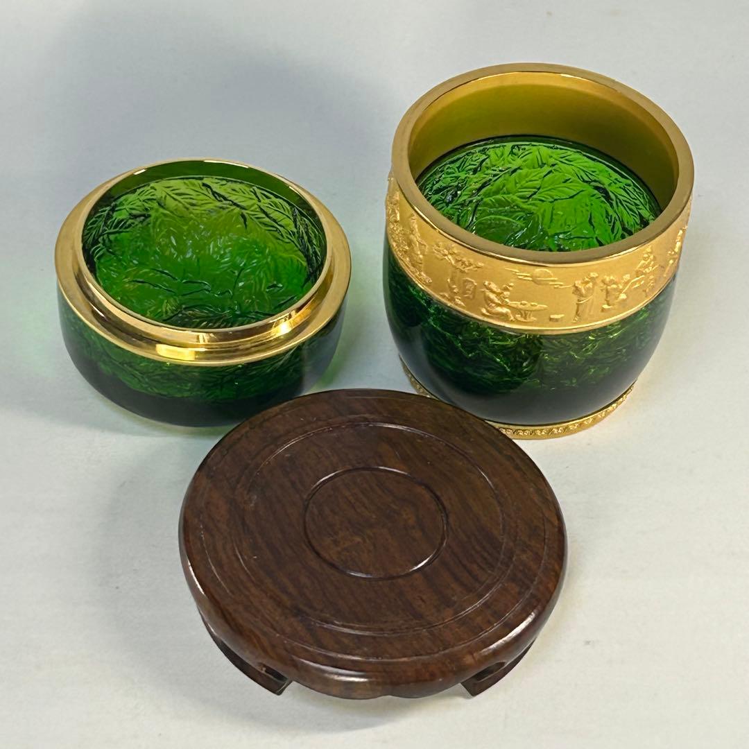 中国製　緑色ガラス　茶入れ