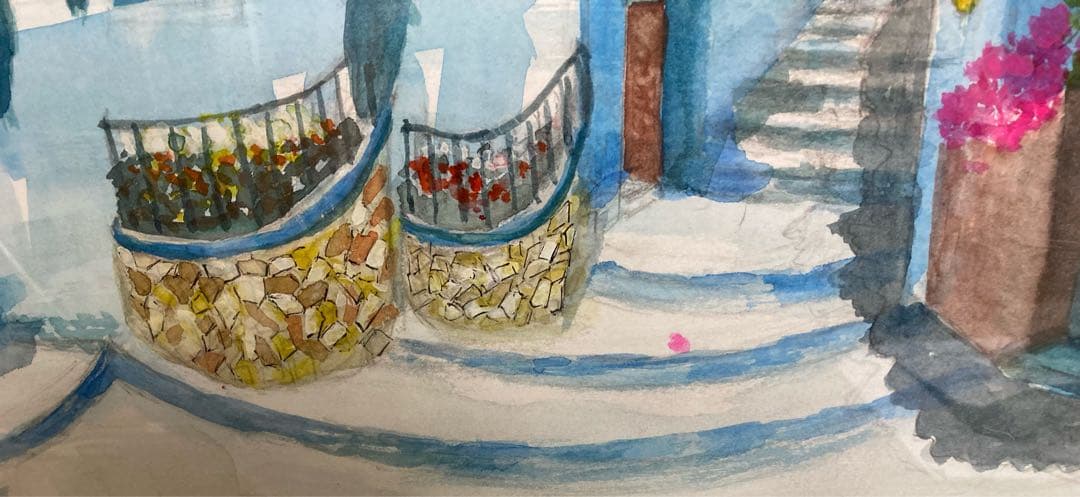 水彩画　「　ブーゲンビリアの街かど　」　原画　額付