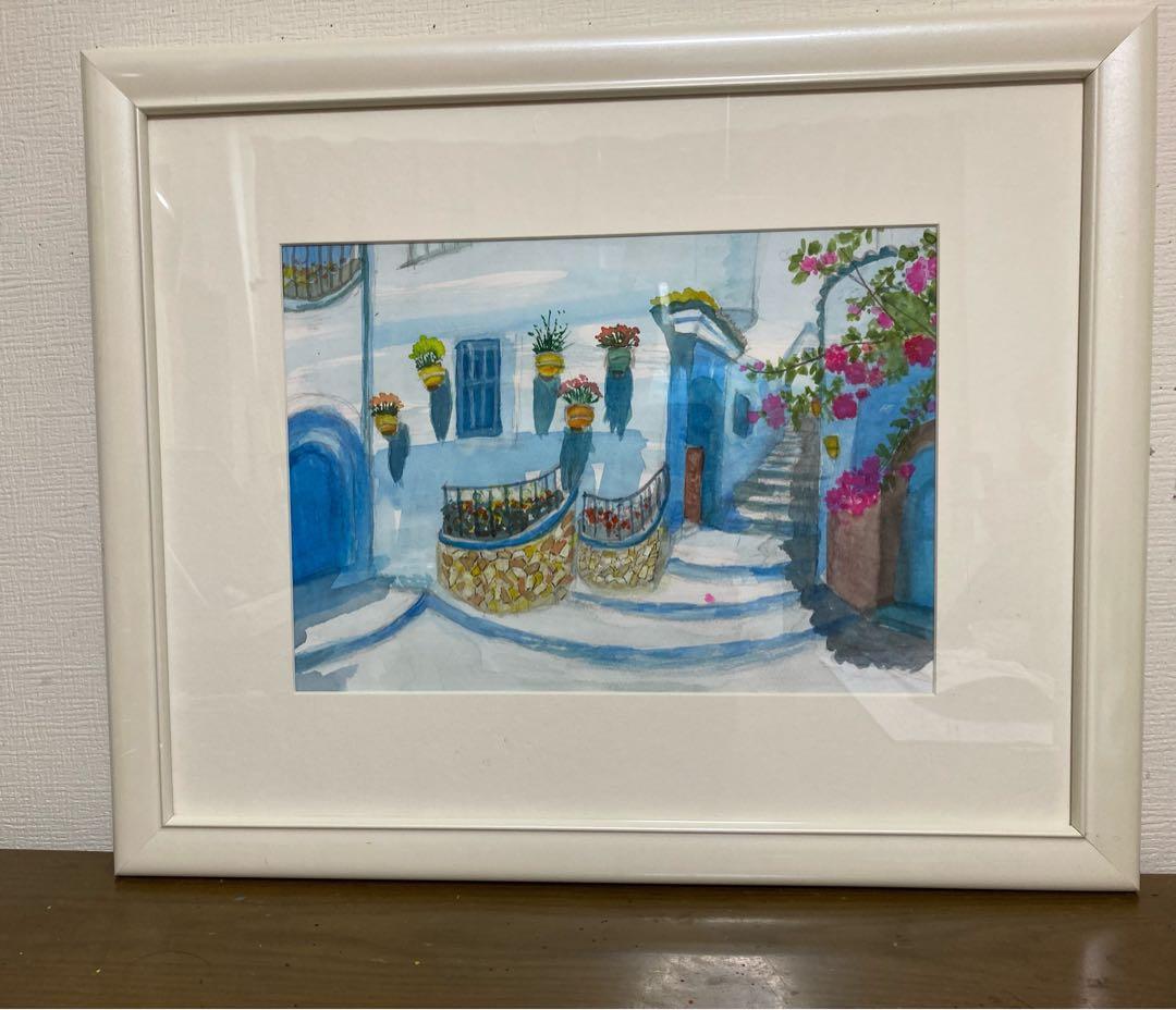 水彩画　「　ブーゲンビリアの街かど　」　原画　額付