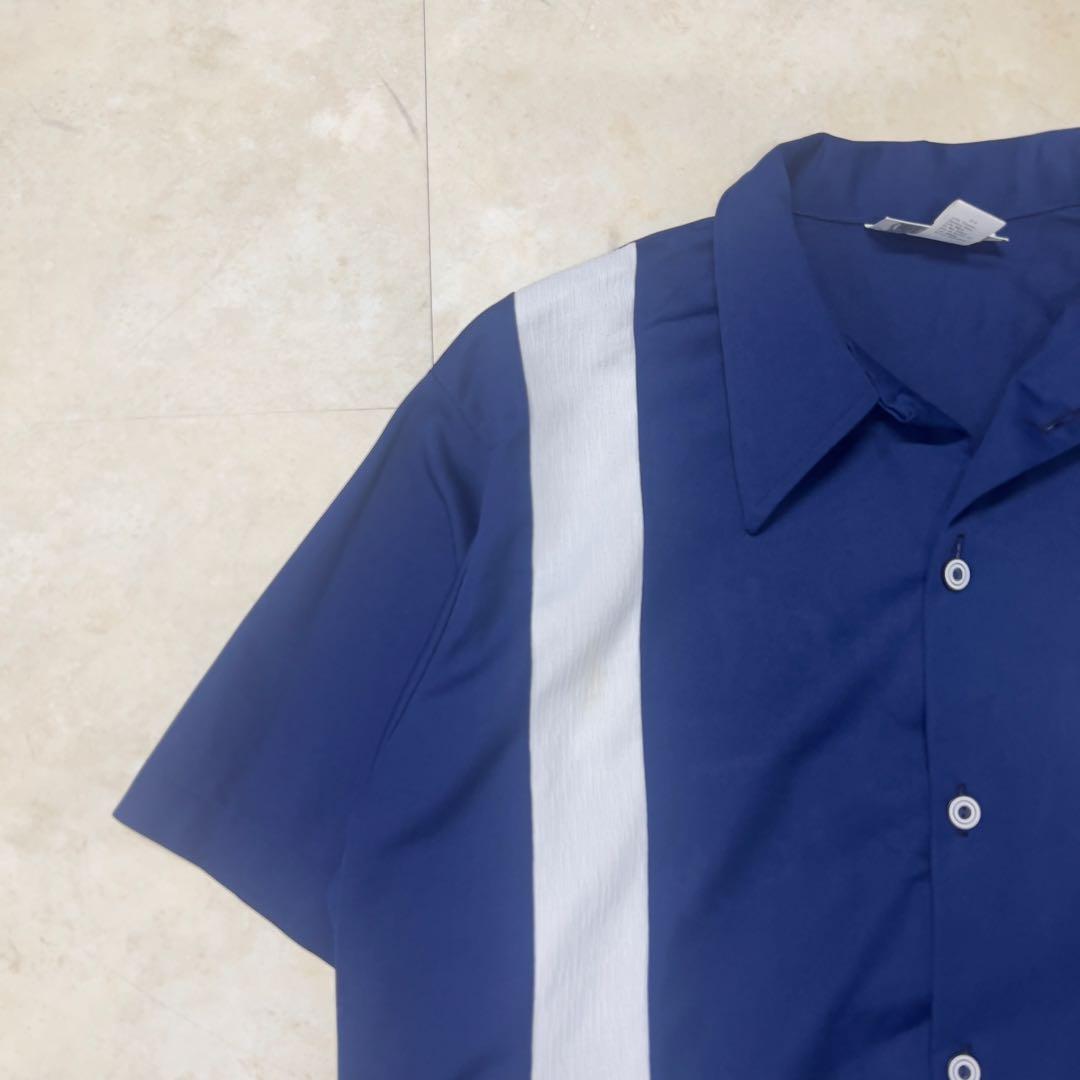 70s ボーリングシャツ USA製 青 チェーンステッチ XL開襟シャツ