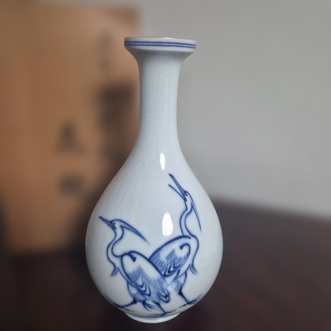 【十四代辻常陸】宮内庁御用達窯　染付三鷺文　花瓶　未使用