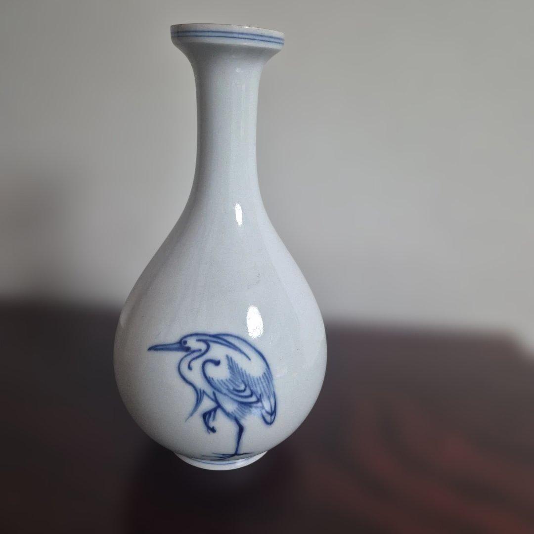 【十四代辻常陸】宮内庁御用達窯　染付三鷺文　花瓶　未使用