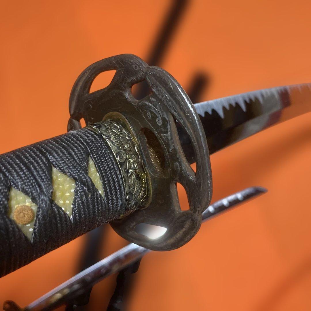 模造刀大小２本セット(下緒無し) 黒柄 波図透し丸鍔 黒呂鞘