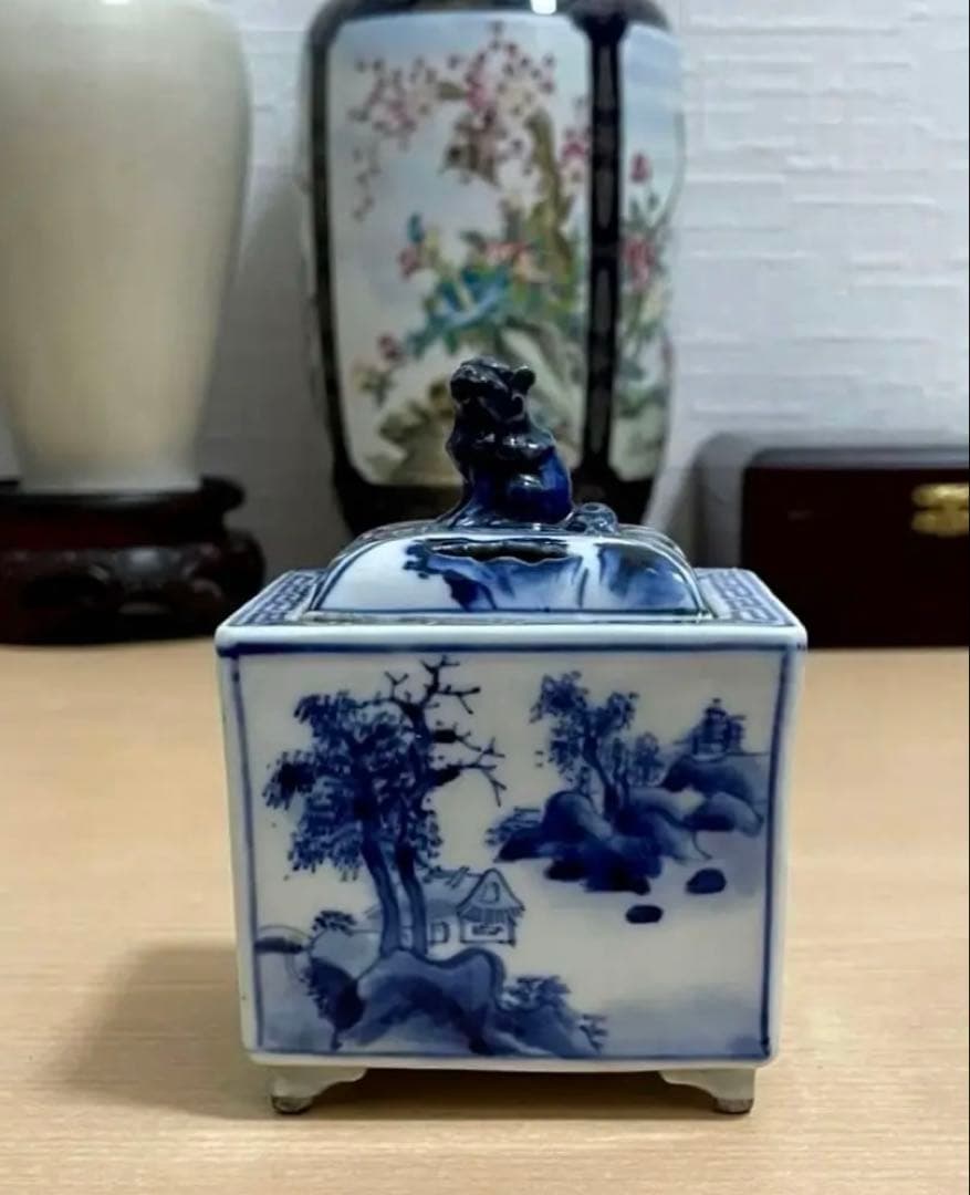 中国 清時代 骨董品 香炉染付 蓋物 陶芸古美術、 。