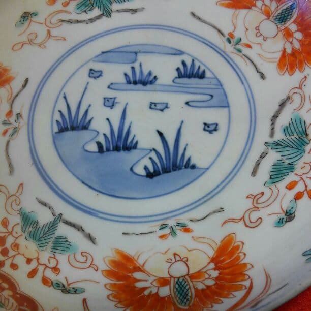 江戸後期古伊万里　染付色絵　鳳凰波千鳥文皿