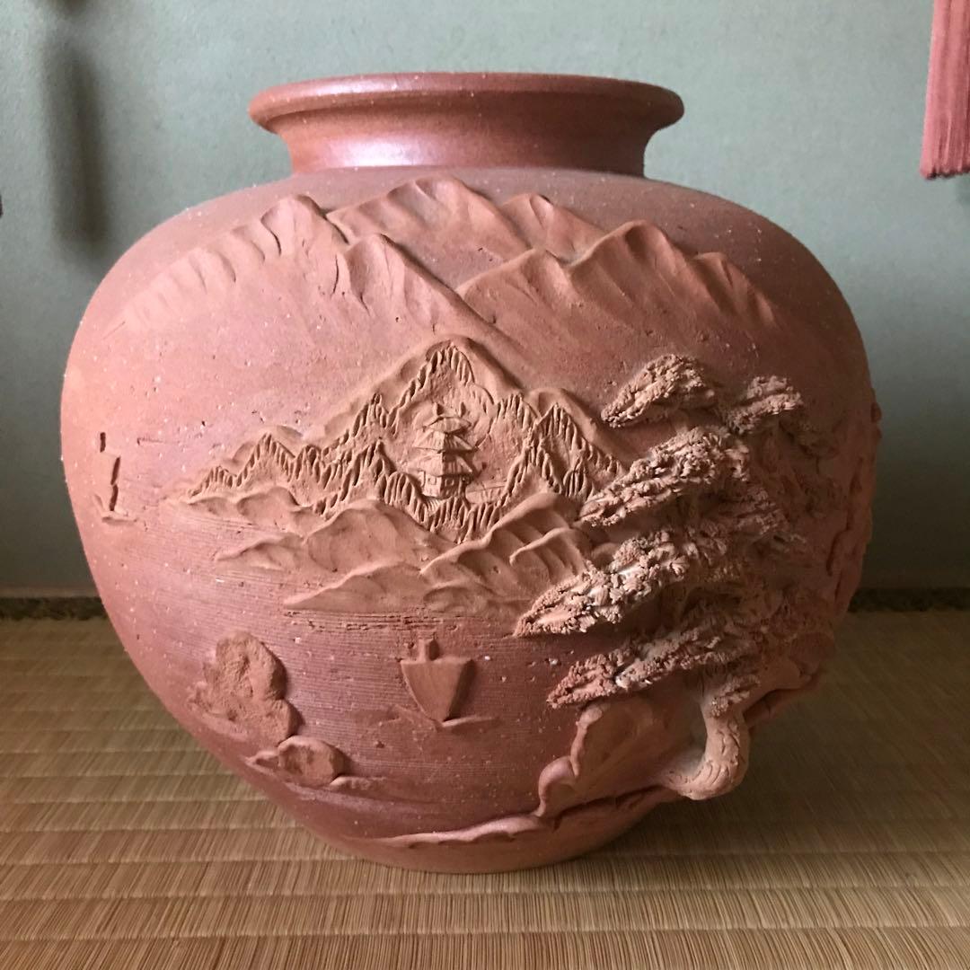 希少 特大 信楽焼 紫郎作 山水 立体 彫刻 丸壺 花瓶