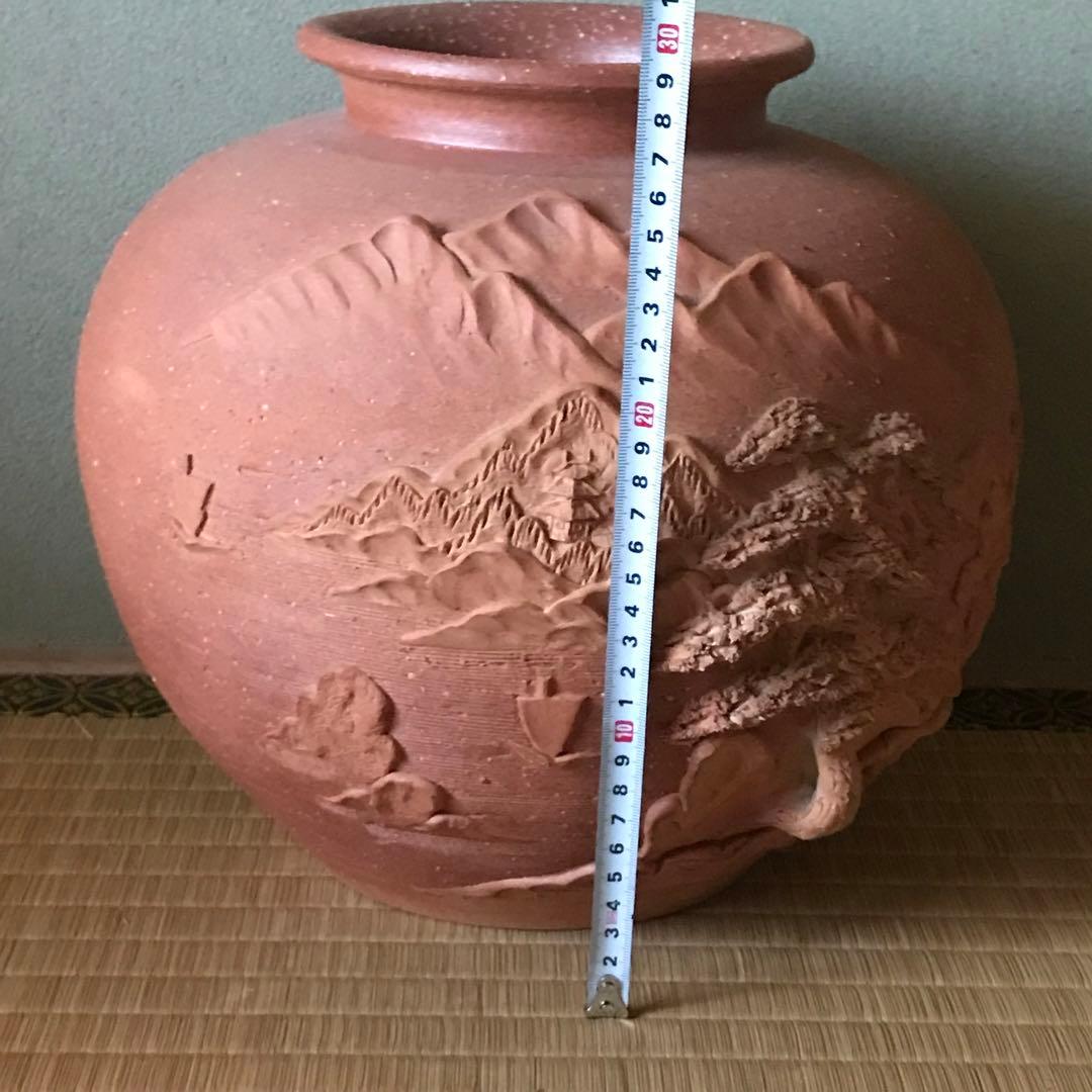 希少 特大 信楽焼 紫郎作 山水 立体 彫刻 丸壺 花瓶