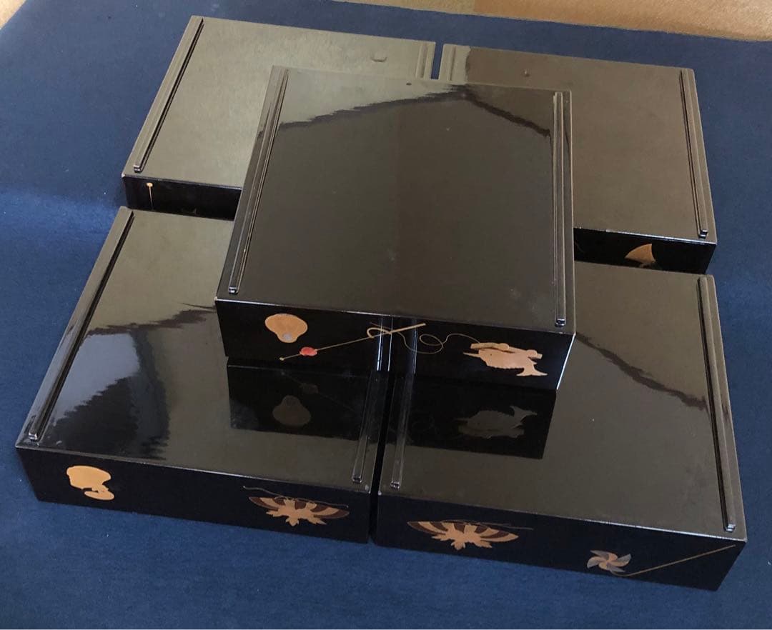 《R》玩具蒔絵 五段重 替蓋 重台付 在銘 木箱 時代 251204お3