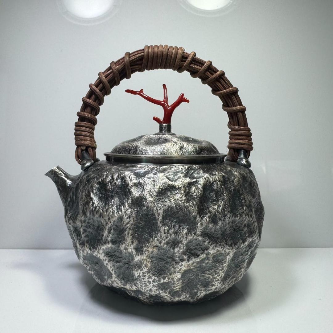 純銀製 一晃斎造 藏拙 貴石摘 藤手 湯沸 古美術品 銀瓶 純銀保証