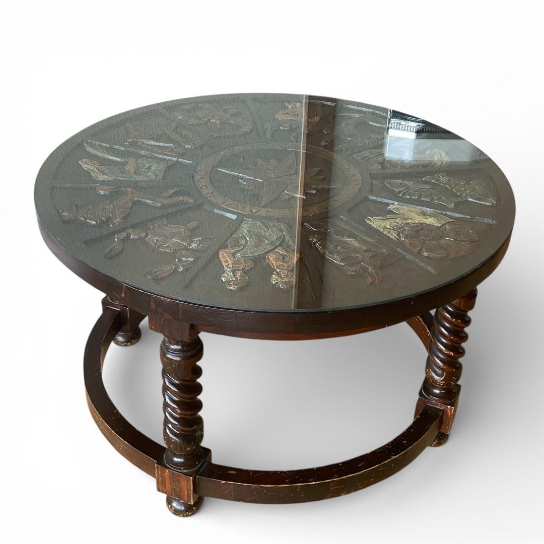 スペイン ビンテージ 彫刻 ラウンド 丸 ローテーブル ガラス天板 直径80cm