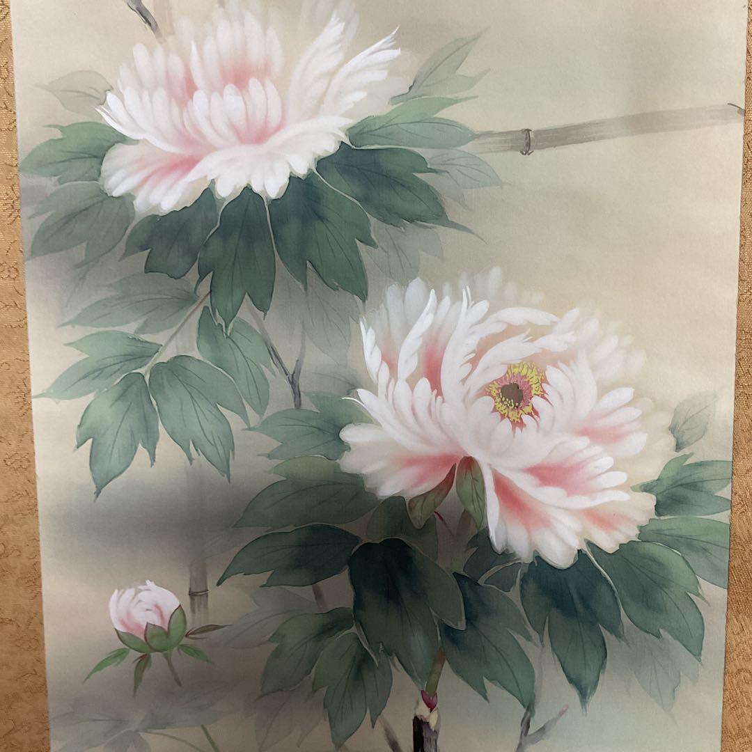 大幹筆 絹本花鳥画 《 ボタン之図 》 彩色画 収納箱在