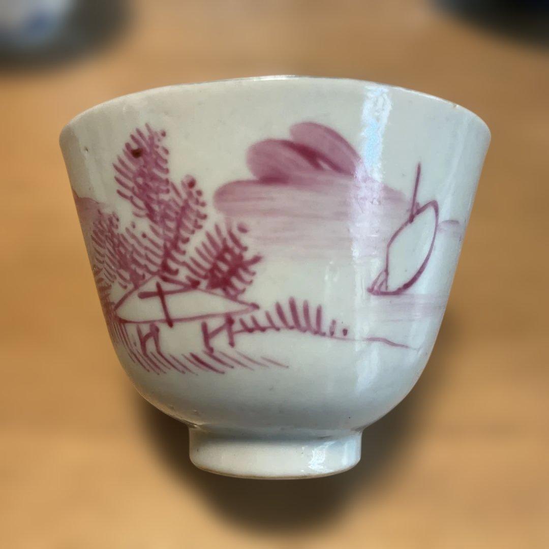 中国民国時代の風景画 茶碗 白地 赤絵