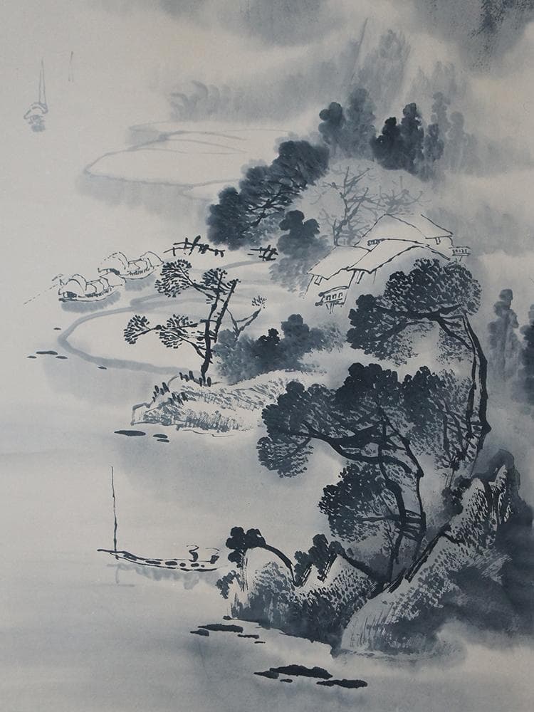 【画】　★ 字画 紙本水墨山水漁猟掛軸 ★　作家物　崇山老樹 肉筆保証　近代書画