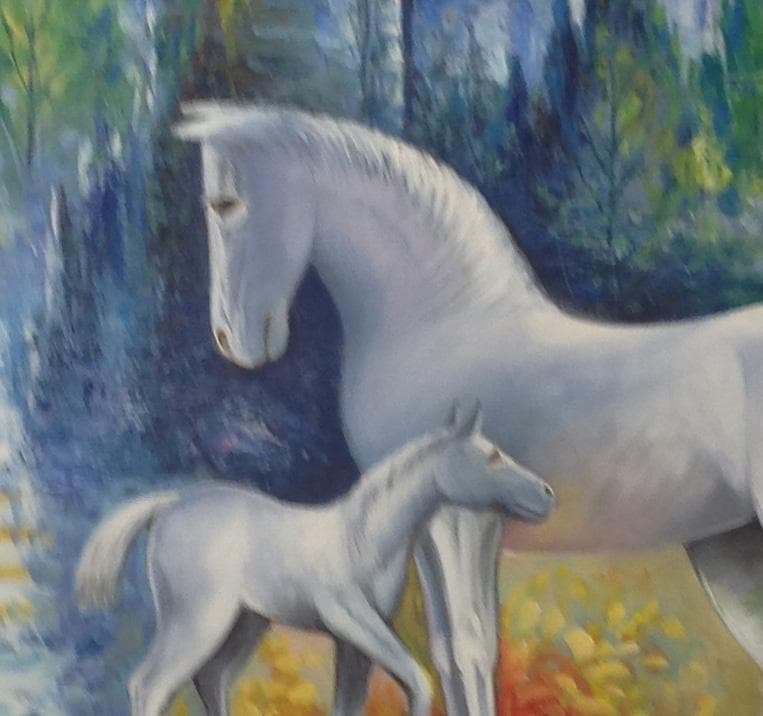 笠野大介 絵画 油絵 肉筆油絵 動物画 白馬の親子 F8