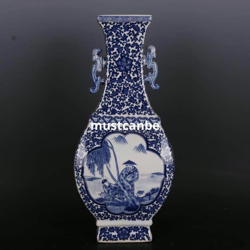 清乾隆青花人物紋四方象嵌器瓶 景徳鎮 陶磁器 装飾品 現代工芸品 美術品 置物