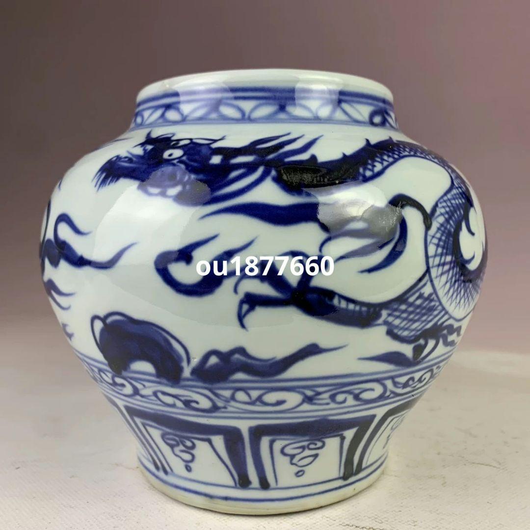元青花手画竜紋戯珠大缶 景徳鎮 陶磁器 装飾品 現代工芸品 美術品 置物