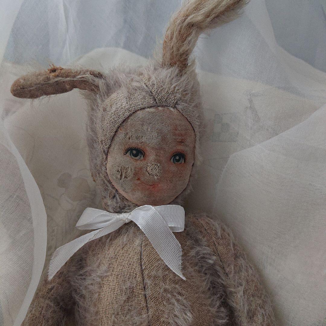 イギリスアンティーク　クロスフェイスドール　グレー　モヘア　バニードール