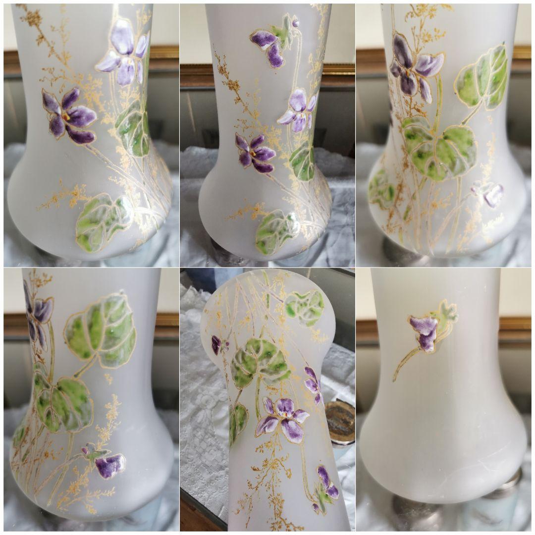アンティークフランス ルグラ 手描き盛上げエナメル金彩 菫紋 ヴィオラガラス花瓶