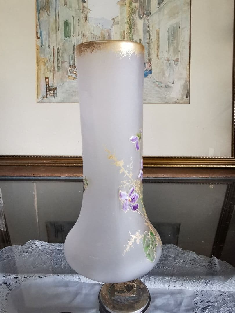 アンティークフランス ルグラ 手描き盛上げエナメル金彩 菫紋 ヴィオラガラス花瓶