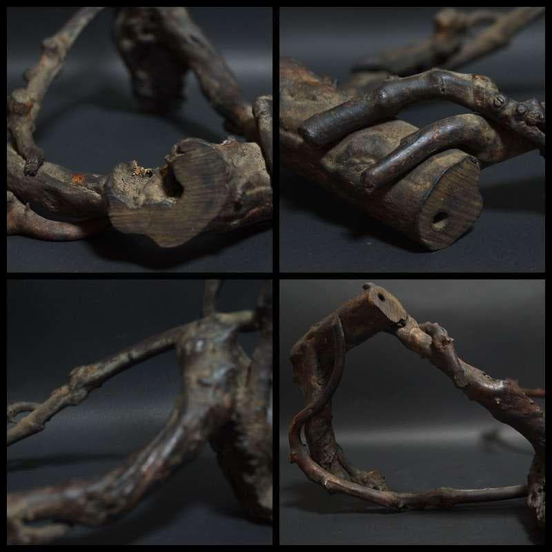 明治期 古竹編 瓢箪形花籠 古木置台 網代細工花籠 花器 花入 花生 華道具