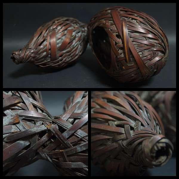 明治期 古竹編 瓢箪形花籠 古木置台 網代細工花籠 花器 花入 花生 華道具