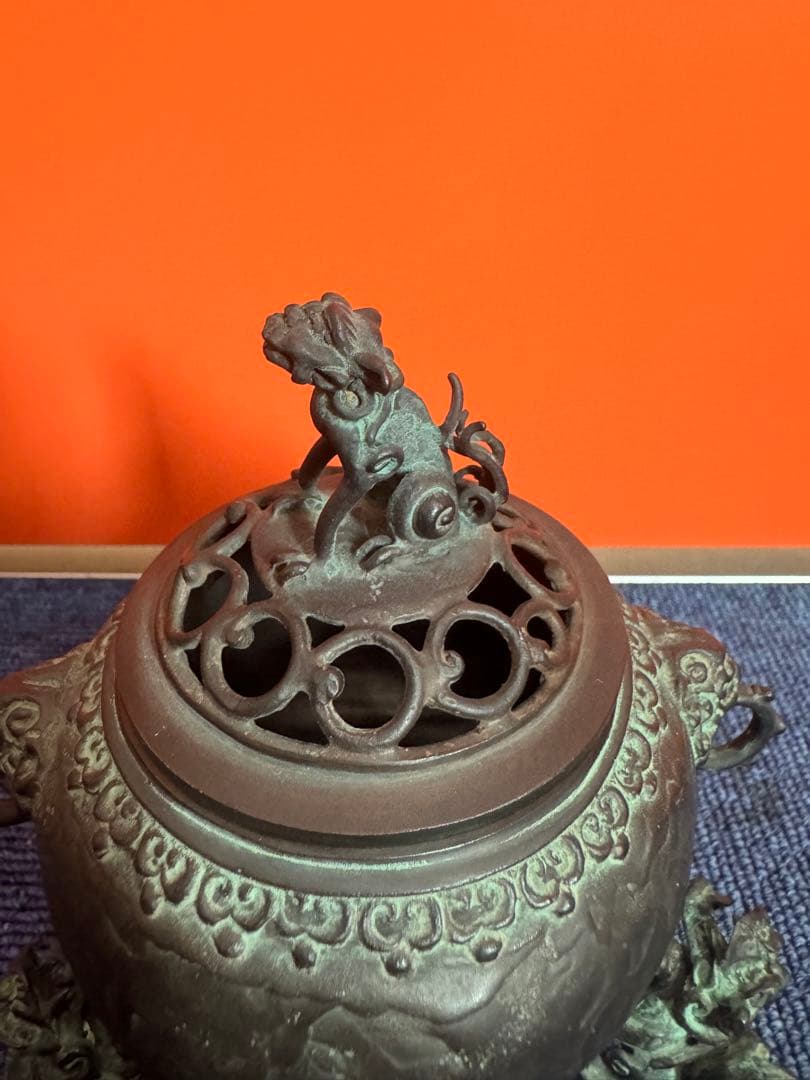 1817 高岡銅器　須賀七郎作　月芳　蝋型鋳銅　三獅子　香炉　時代物