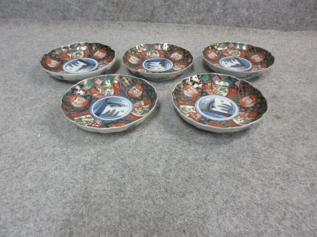 伊万里 色絵 錦手 手塩皿 5枚 [B23803] 丸文に舟漕ぎ 小皿 古玩