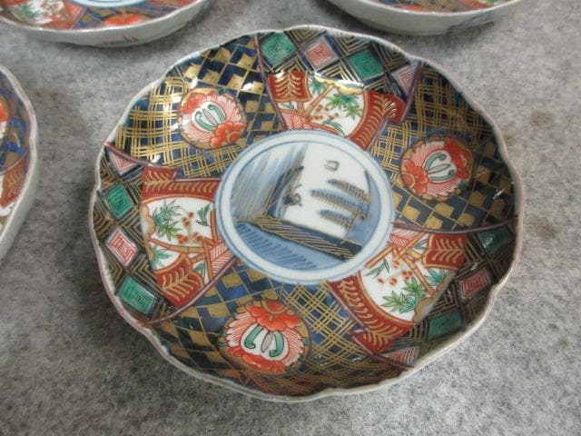 伊万里 色絵 錦手 手塩皿 5枚 [B23803] 丸文に舟漕ぎ 小皿 古玩
