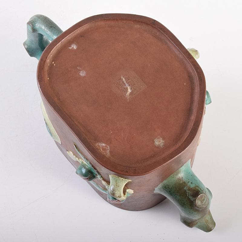 中国　宣興紫砂銘　紫砂　朱泥　色絵桃文　急須　茶壷　D　R7722