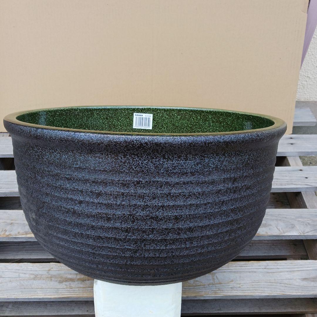 新品　∅50　陶器睡蓮鉢　特大　メダカ鉢　難有　エメラルドグリーン　緑黒　LBK
