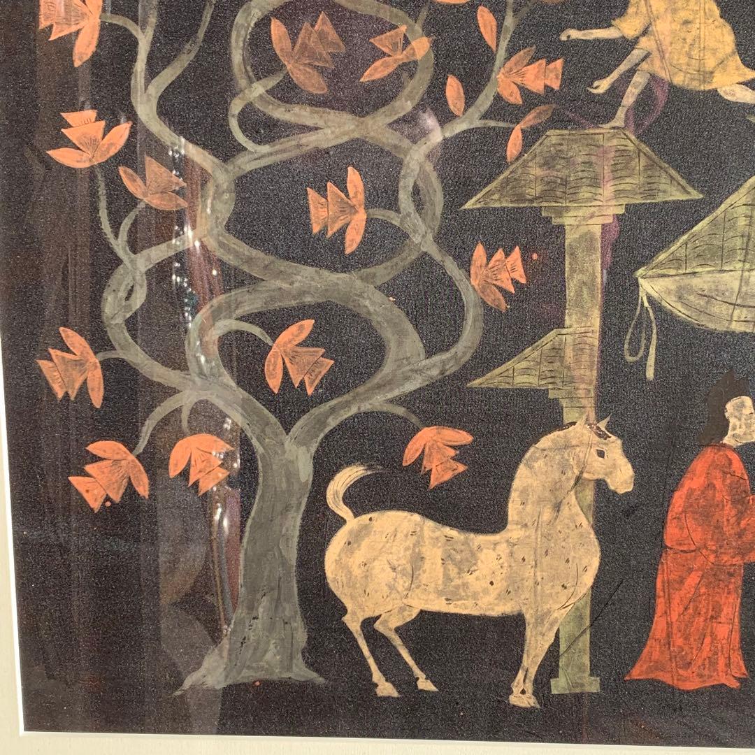 楚国　漢代　帛画　中国　シルク　絹　絵画　額縁　骨董品　馬　王　鳳凰　人　アート