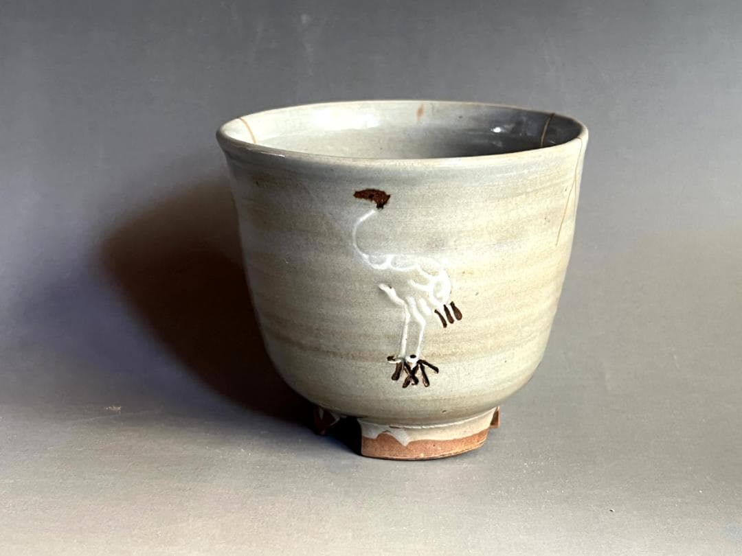 茶碗■古い筒茶碗 鶴 割高台 冬用 金継ぎ直し有 お茶道具 時代物 骨董品■