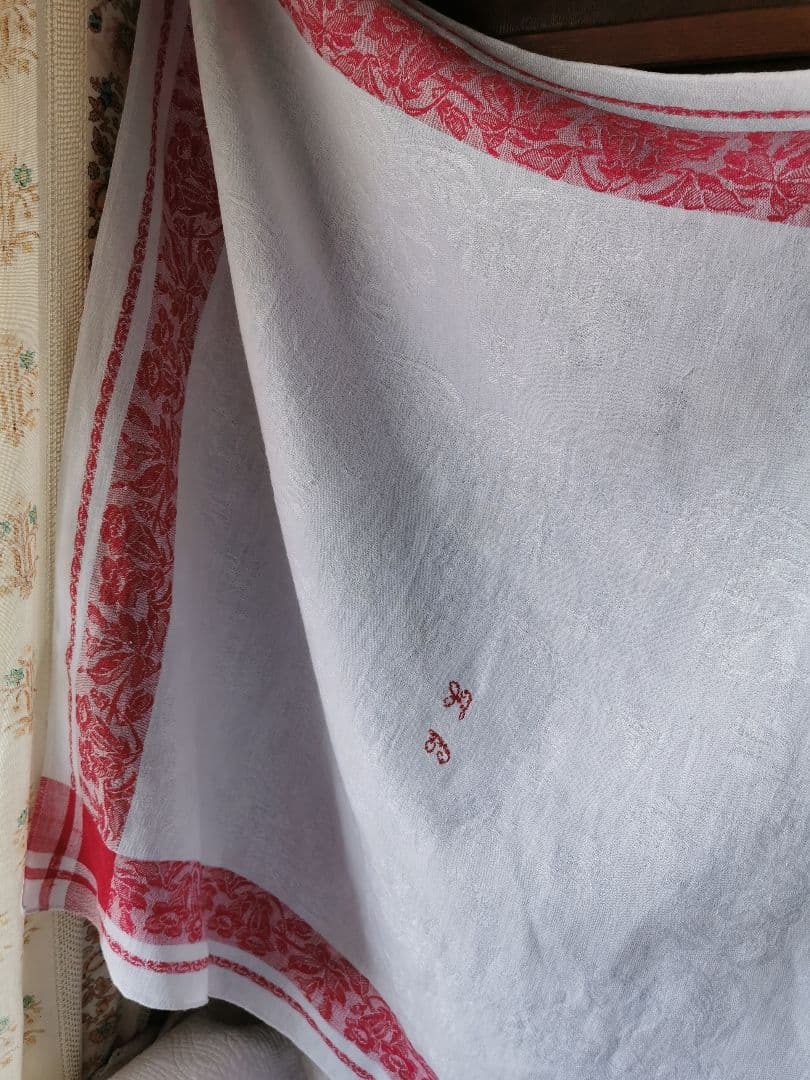 アンティーク ダマスクリネン 風鈴草 釣鐘草 百合の大判クロス フランス購入