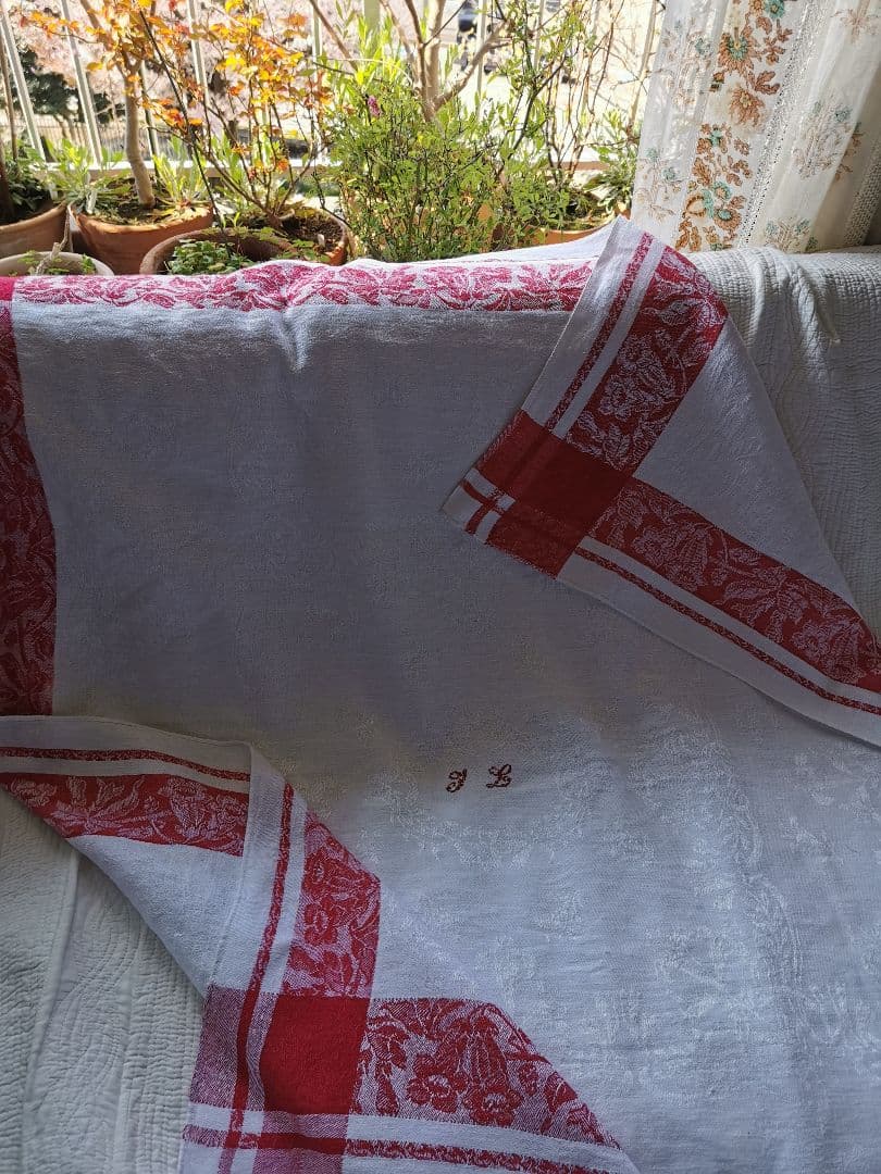 アンティーク ダマスクリネン 風鈴草 釣鐘草 百合の大判クロス フランス購入