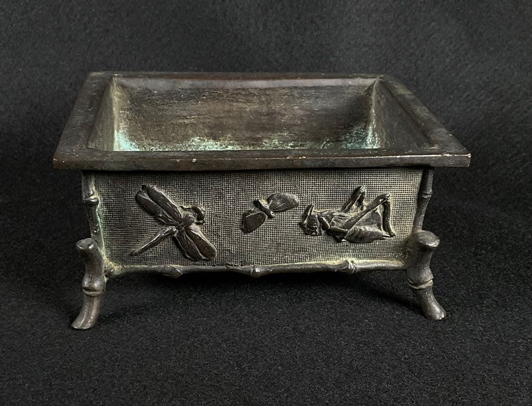 古銅　水盤　香炉　市川東玉斎造　蝶・蜘蛛・蜂他 虫づくし