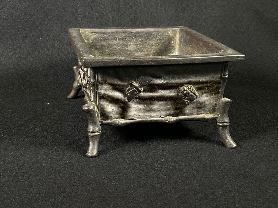 古銅　水盤　香炉　市川東玉斎造　蝶・蜘蛛・蜂他 虫づくし