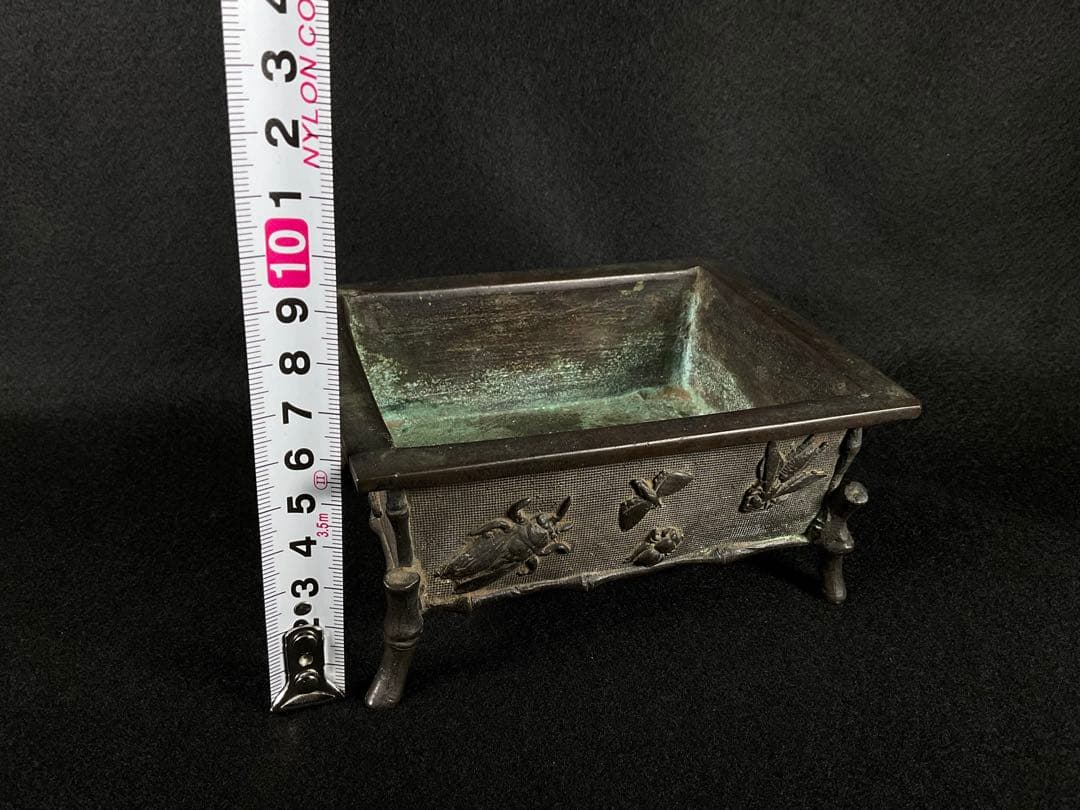 古銅　水盤　香炉　市川東玉斎造　蝶・蜘蛛・蜂他 虫づくし