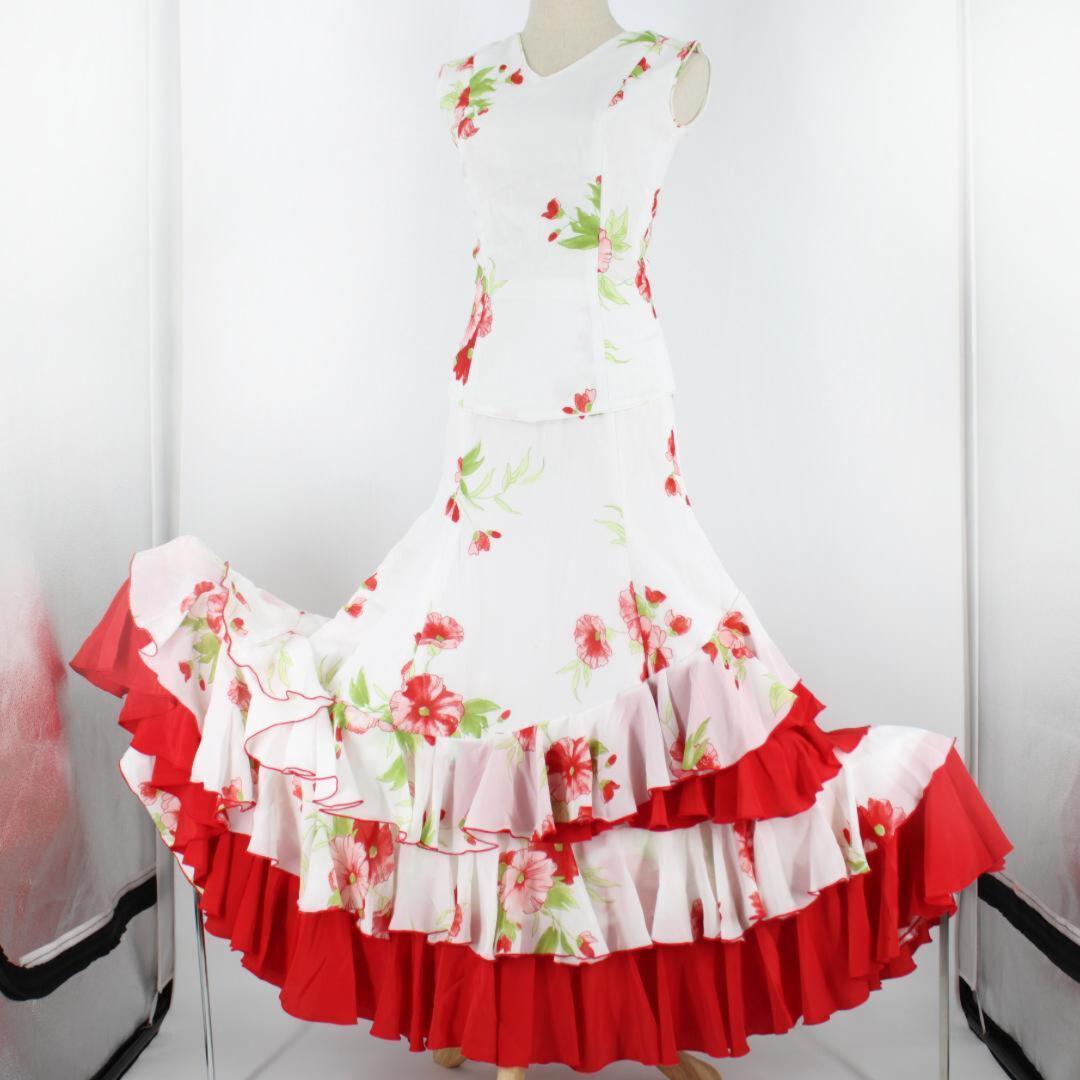 【フラメンコ衣装】ホワイト×豪華ボランテ 上下セット ツーピース セットアップ