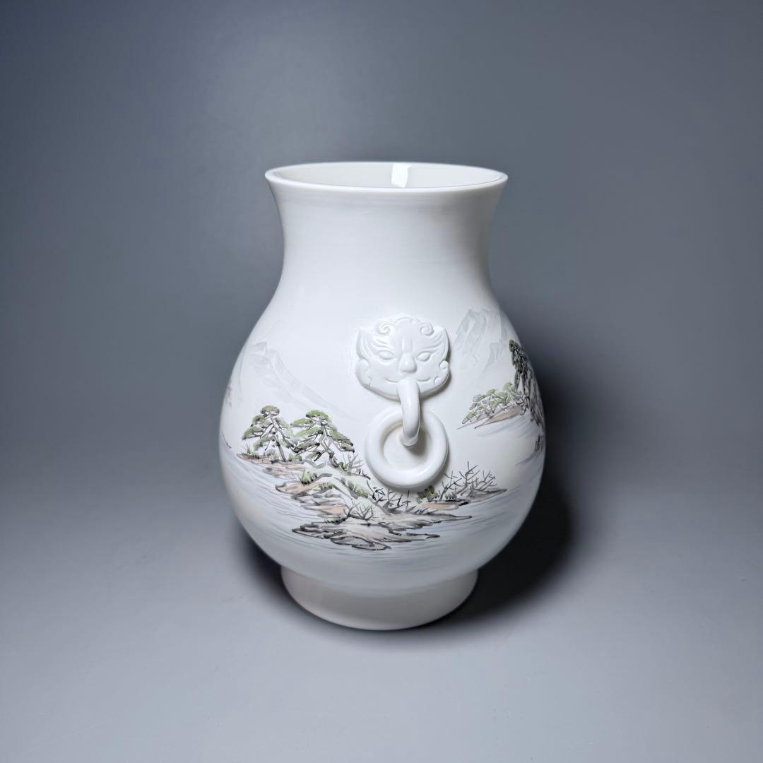 オールド深川製磁　山水図花瓶　銘有　昇然　高さ20.2cm　インテリア　有田焼