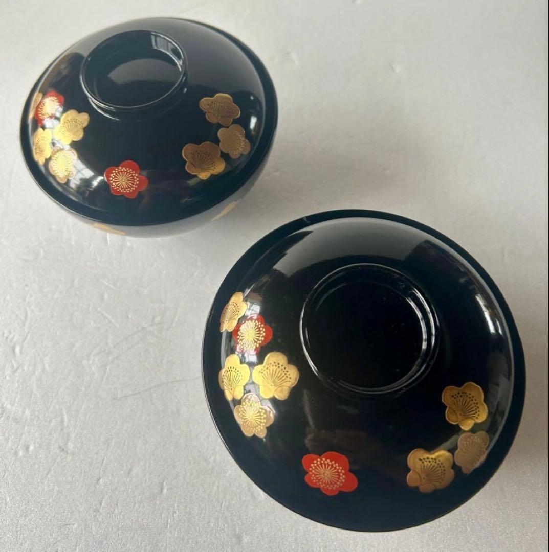 高級漆器 伝統工芸 漆塗 蓋付き お吸物椀 お正月 5客　梅 金蒔絵 会津塗