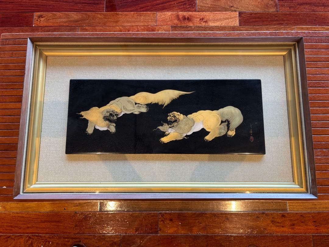 大人気　79cm 金彩 獅子　狛犬　縁起物 開運 福寿 額縁　輪島塗　沈金