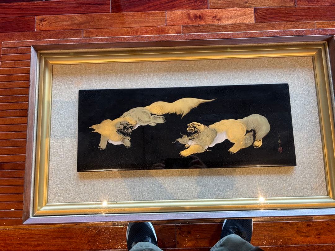 大人気　79cm 金彩 獅子　狛犬　縁起物 開運 福寿 額縁　輪島塗　沈金